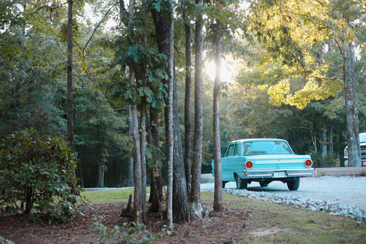 vintage car parked at outdoor wedding venue in north mississippi