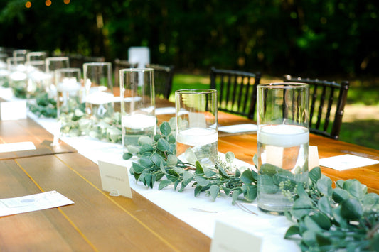 classic green and white wedding decor at rustic wedding venue