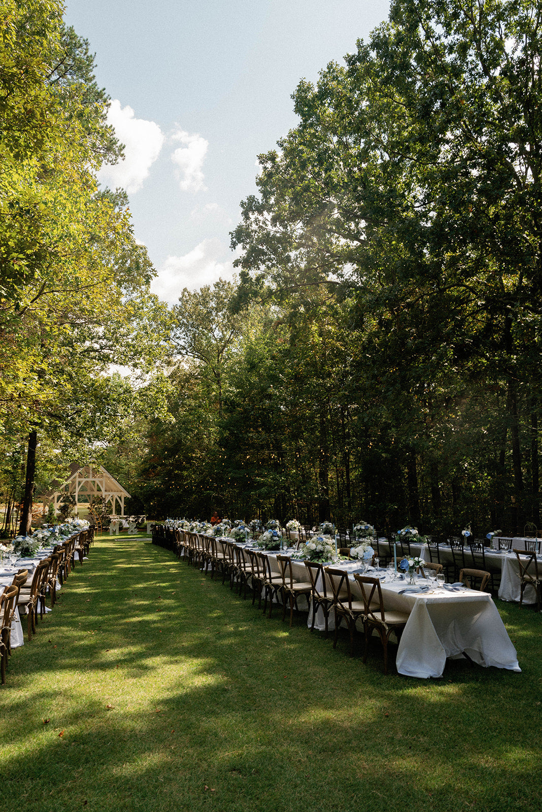 large rehearsal dinner outdoors in Brookwood Venue near Oxford, Mississippi.