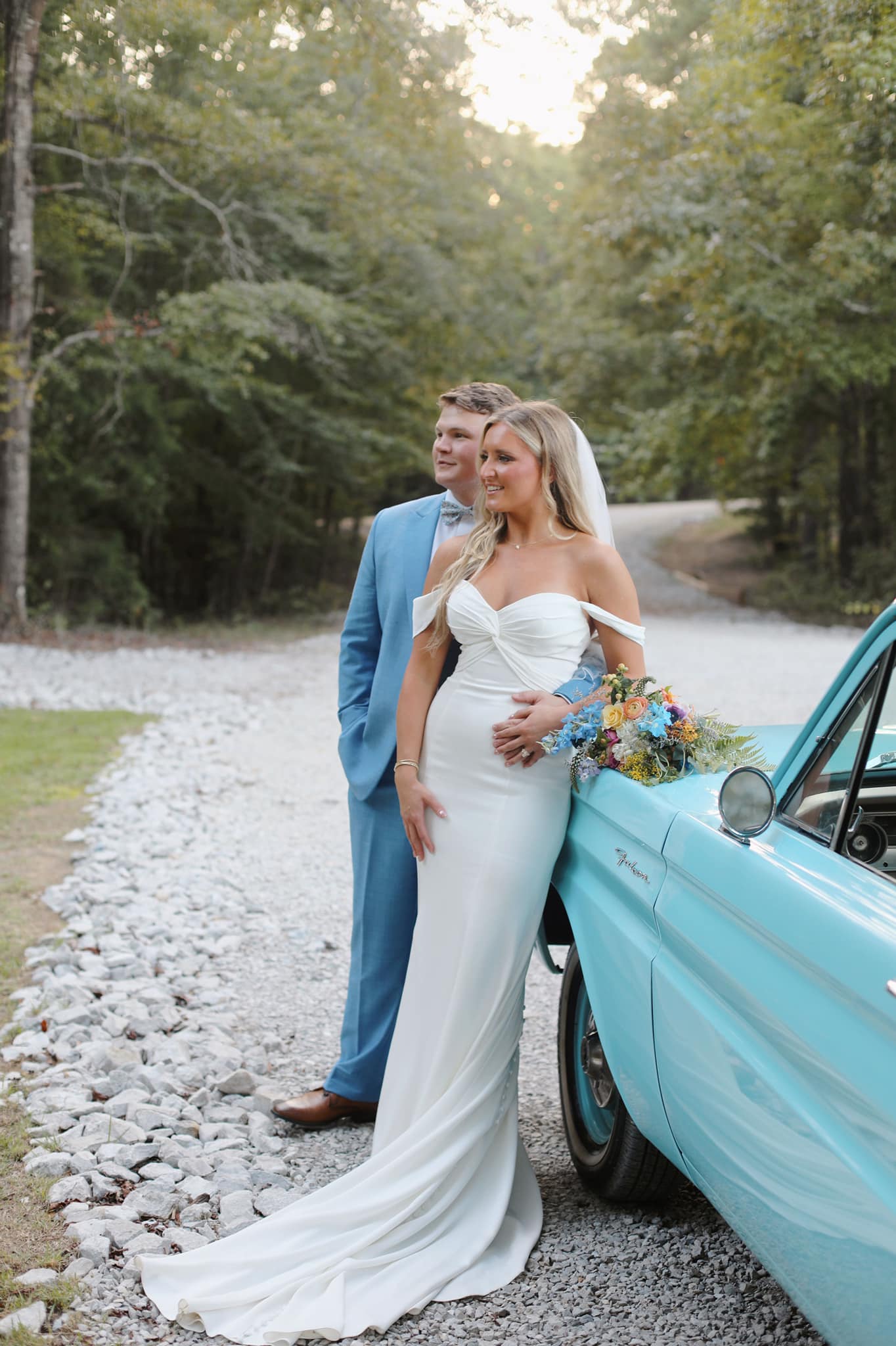 Bride and groom leaving reception in getaway car at Brookwood Venue.