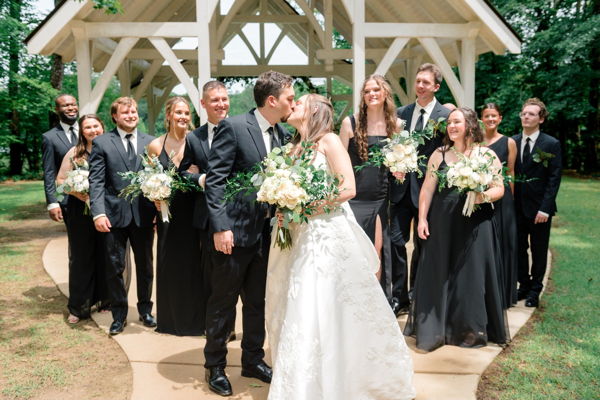 Bridal party cheering during wedding day at Brookwood Venue