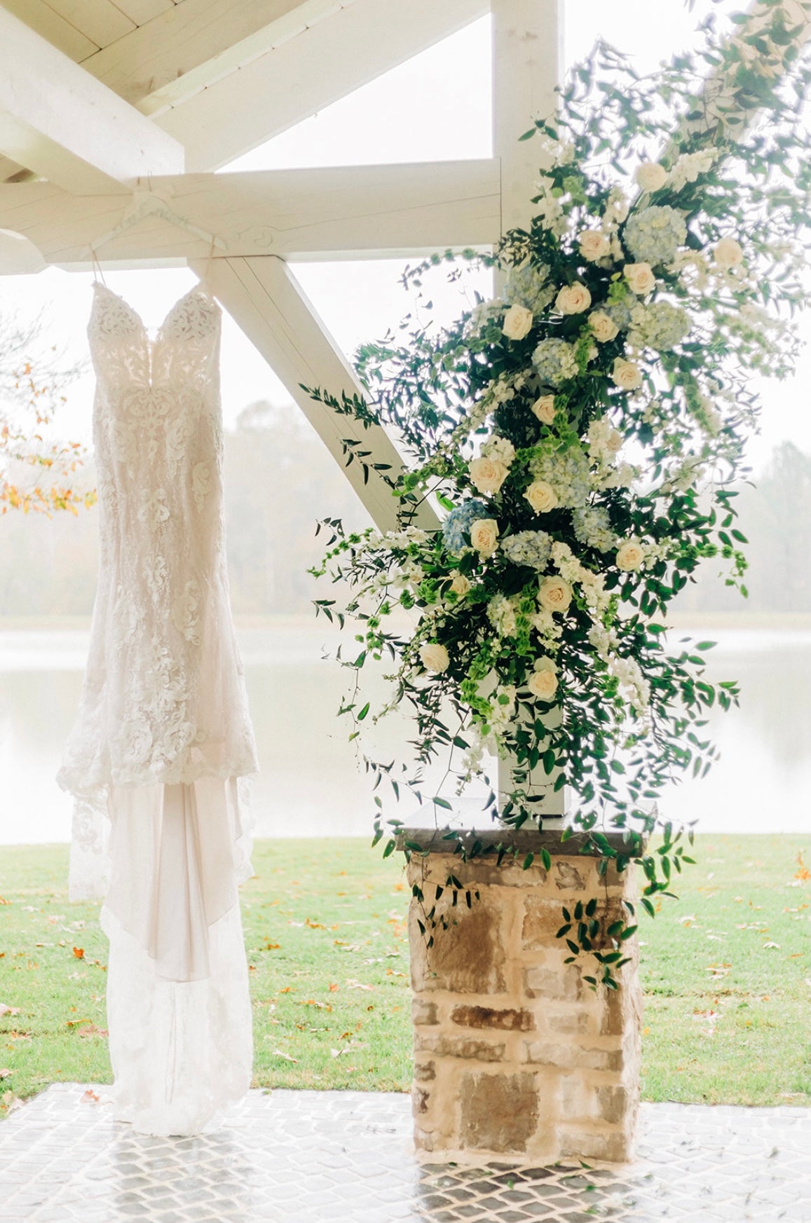 wedding dress hanging in the wedding chapel in Oxford, Mississippi wedding venue