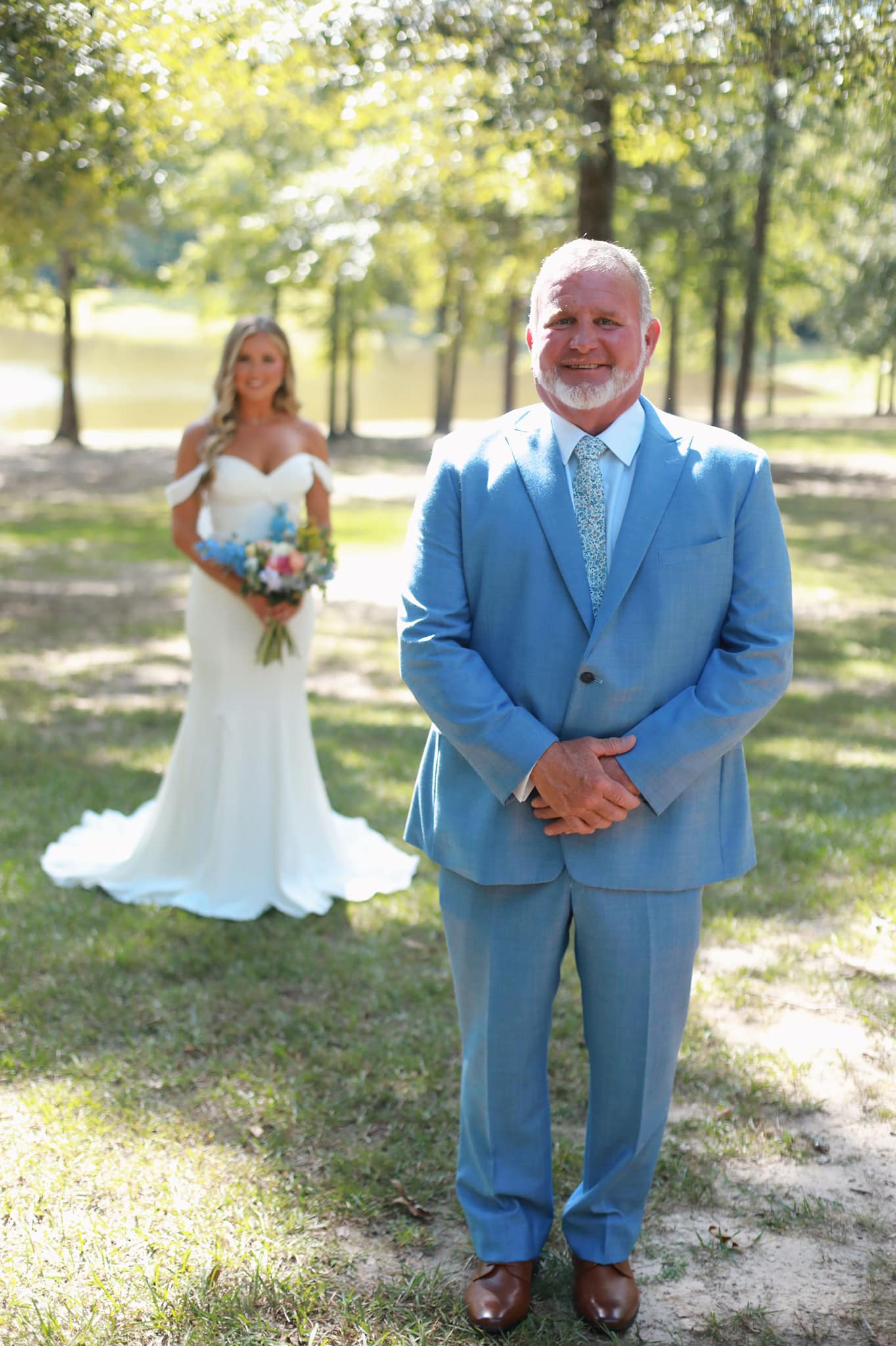 Bride and father first look at Brookwood Venue in North Mississippi.